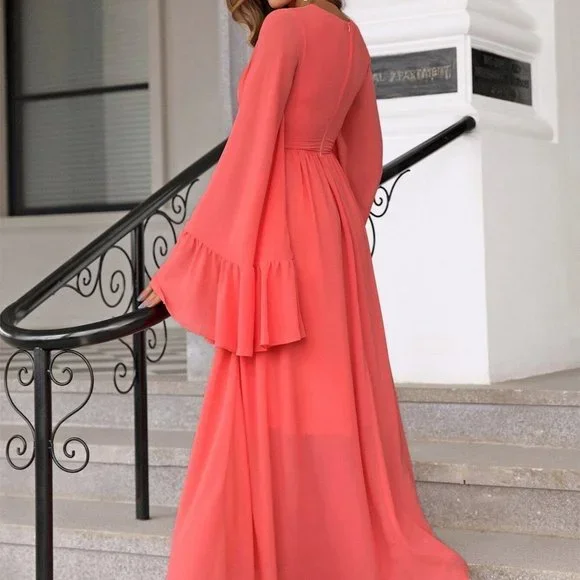 Watermelon Boho Womens Plunging Neck Flounce Sleeve Split Thigh Chiffon Dress - Picture 2 of 5